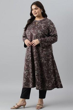 Plus Size Dark Purple Flared Embellished Winter kurta - wforwoman