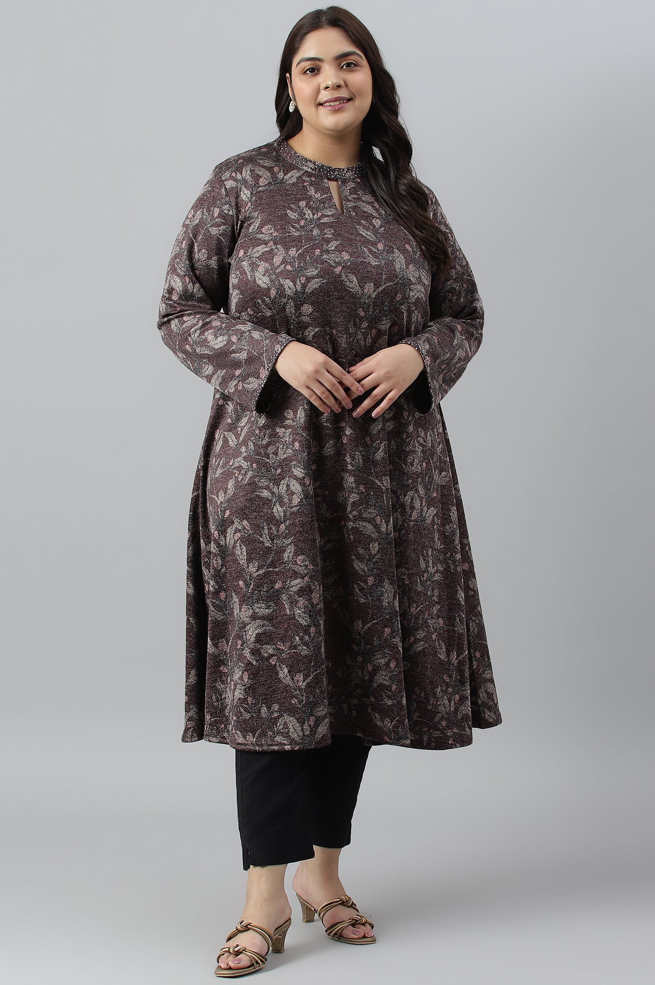 Plus Size Dark Purple Flared Embellished Winter kurta