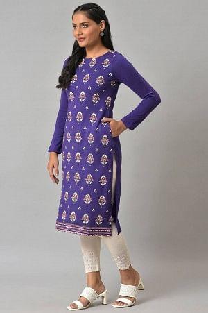 Purple Floral Printed Knitted Winter kurta - wforwoman