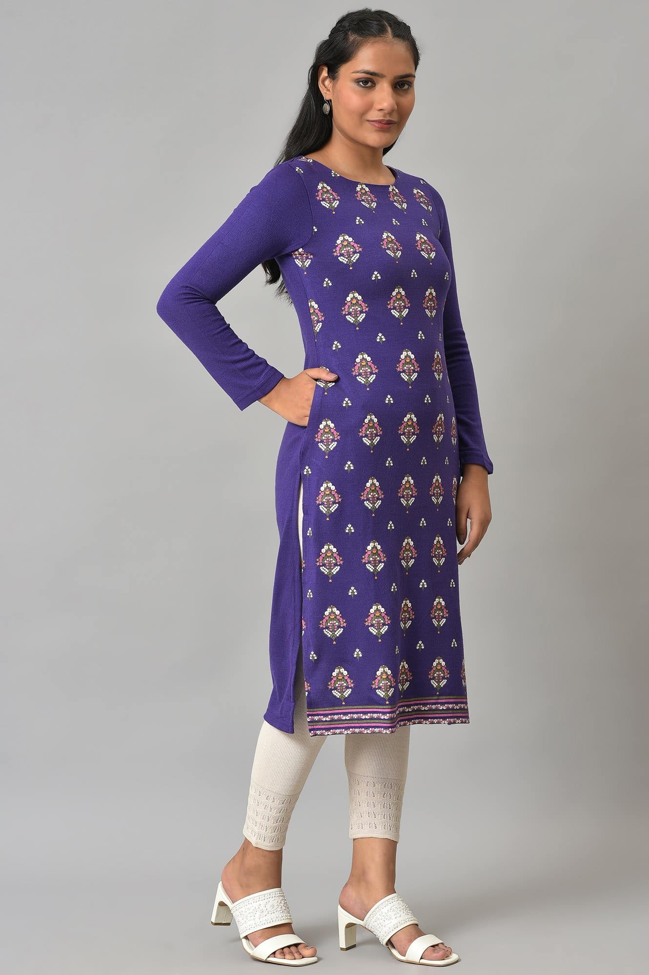 Purple Floral Printed Knitted Winter kurta