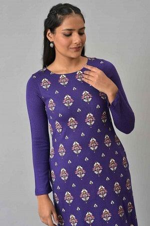 Purple Floral Printed Knitted Winter kurta - wforwoman