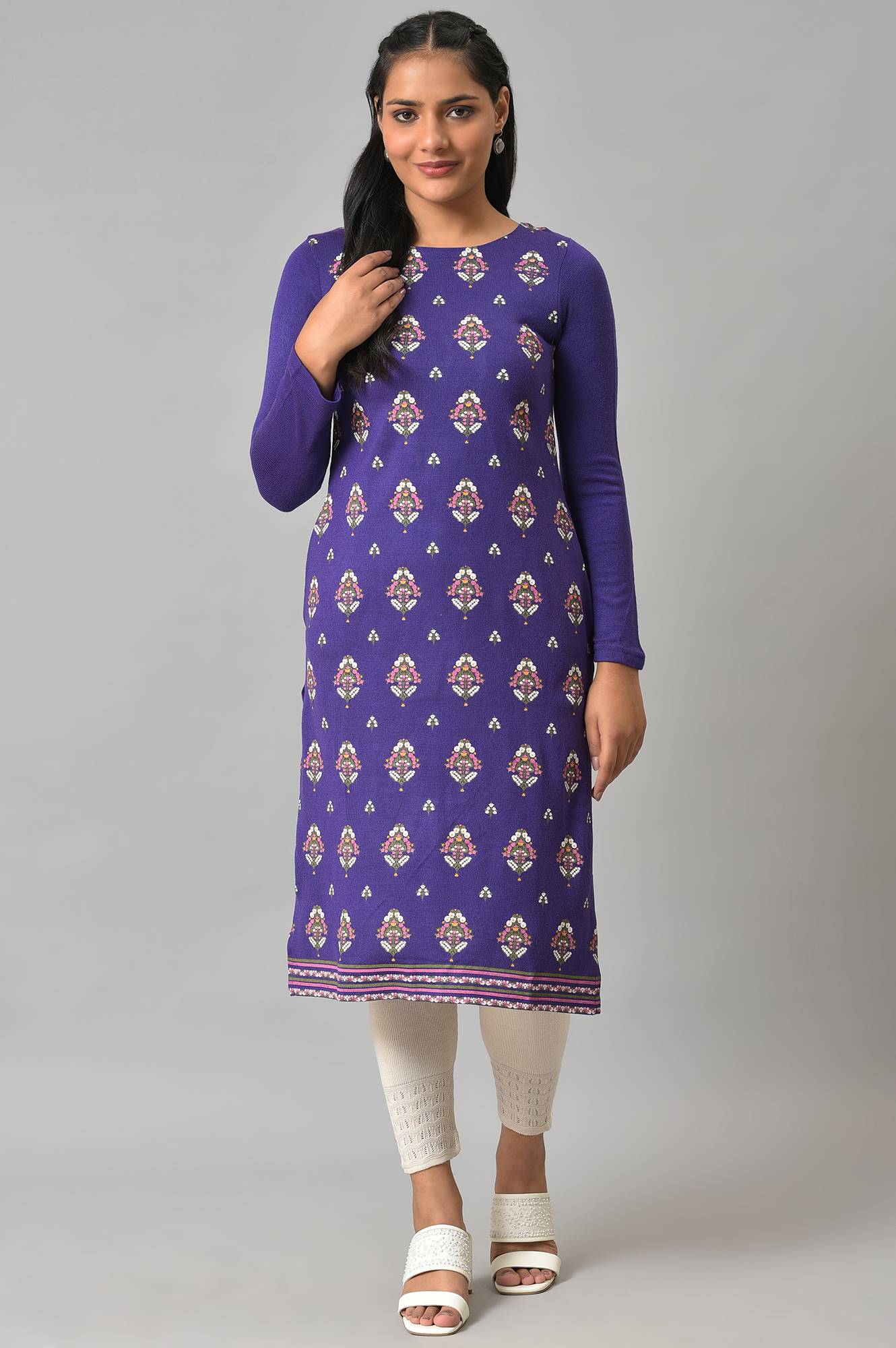 Purple Floral Printed Knitted Winter kurta