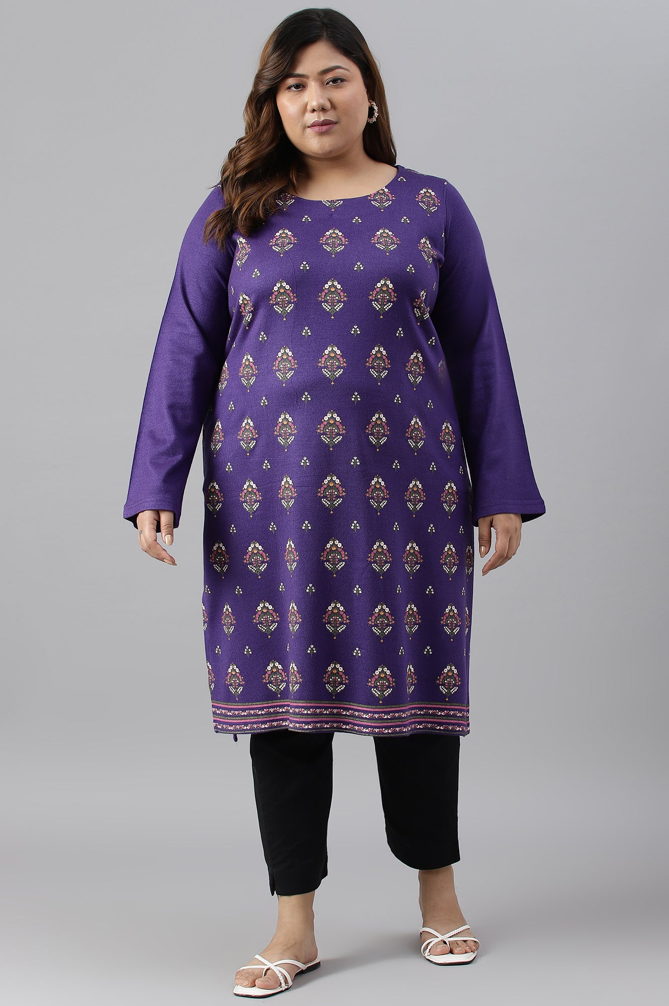 Plus Size Purple Floral Printed Knitted Winter kurta