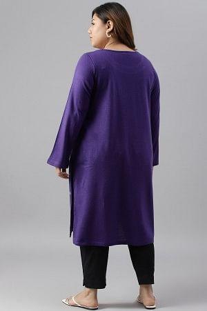 Plus Size Purple Floral Printed Knitted Winter kurta - wforwoman