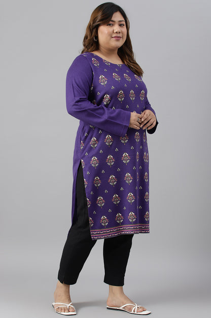 Plus Size Purple Floral Printed Knitted Winter kurta