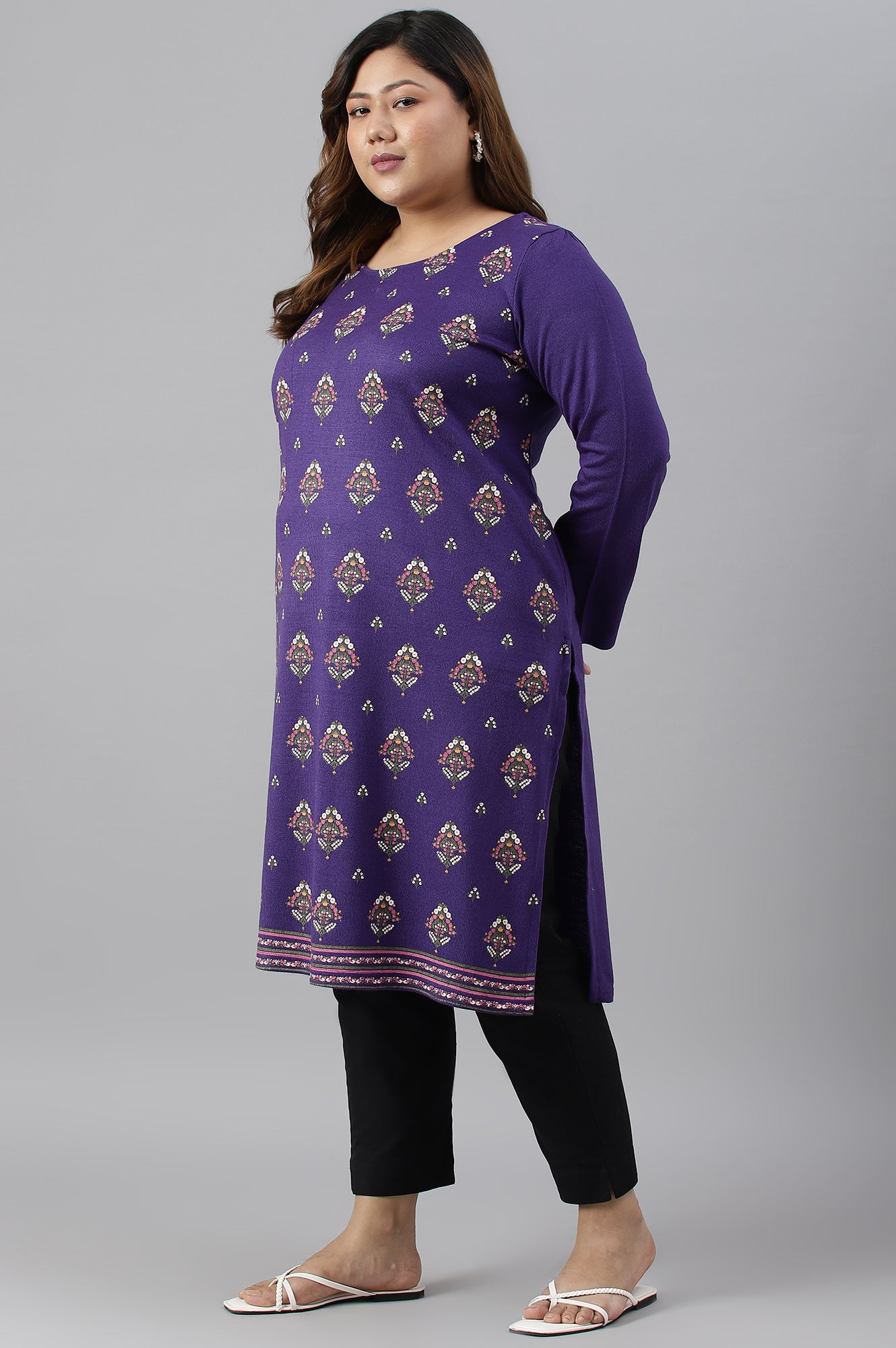 Plus Size Purple Floral Printed Knitted Winter kurta