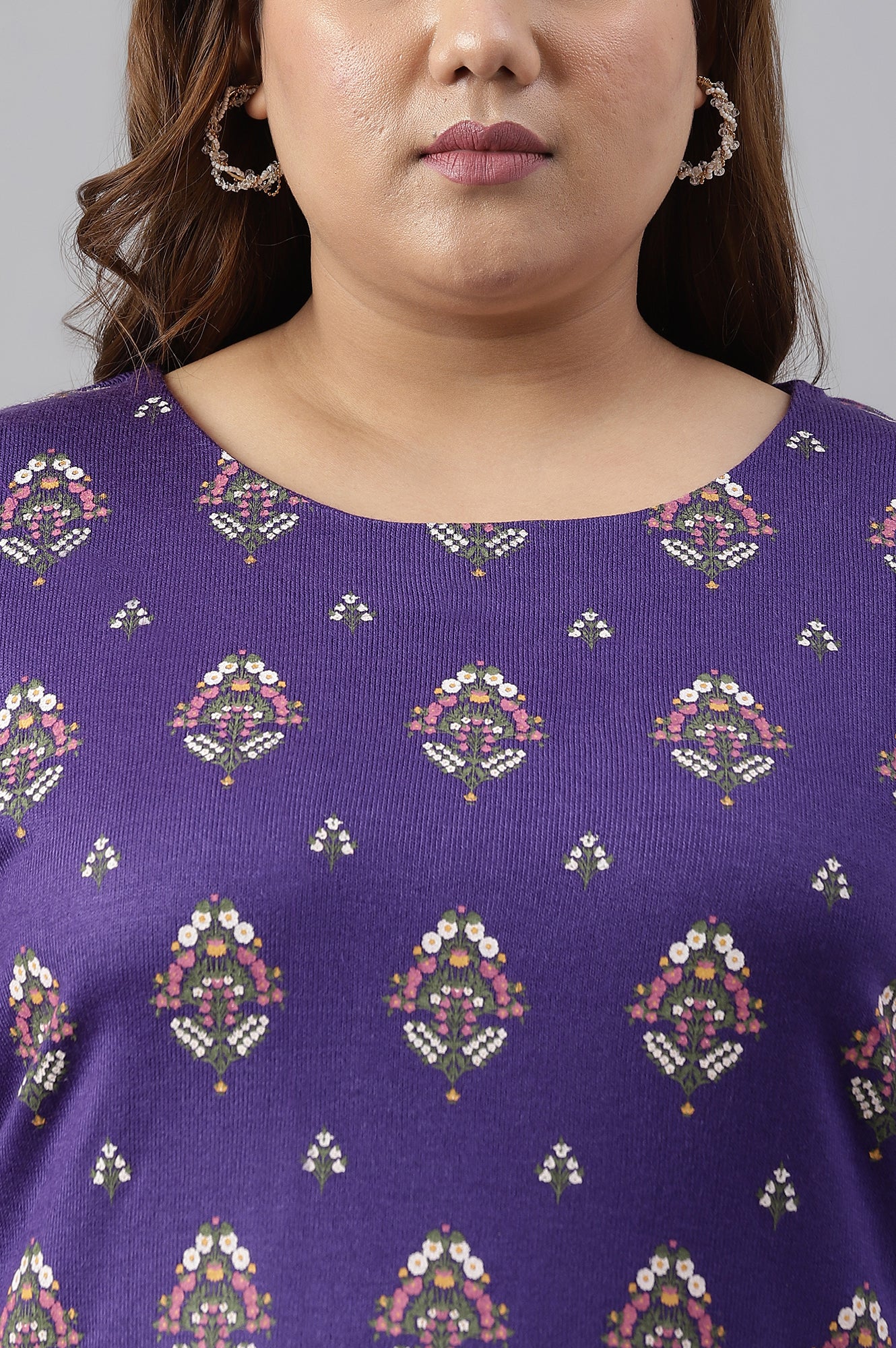 Plus Size Purple Floral Printed Knitted Winter kurta