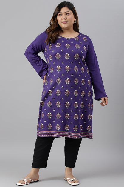 Plus Size Purple Floral Printed Knitted Winter kurta