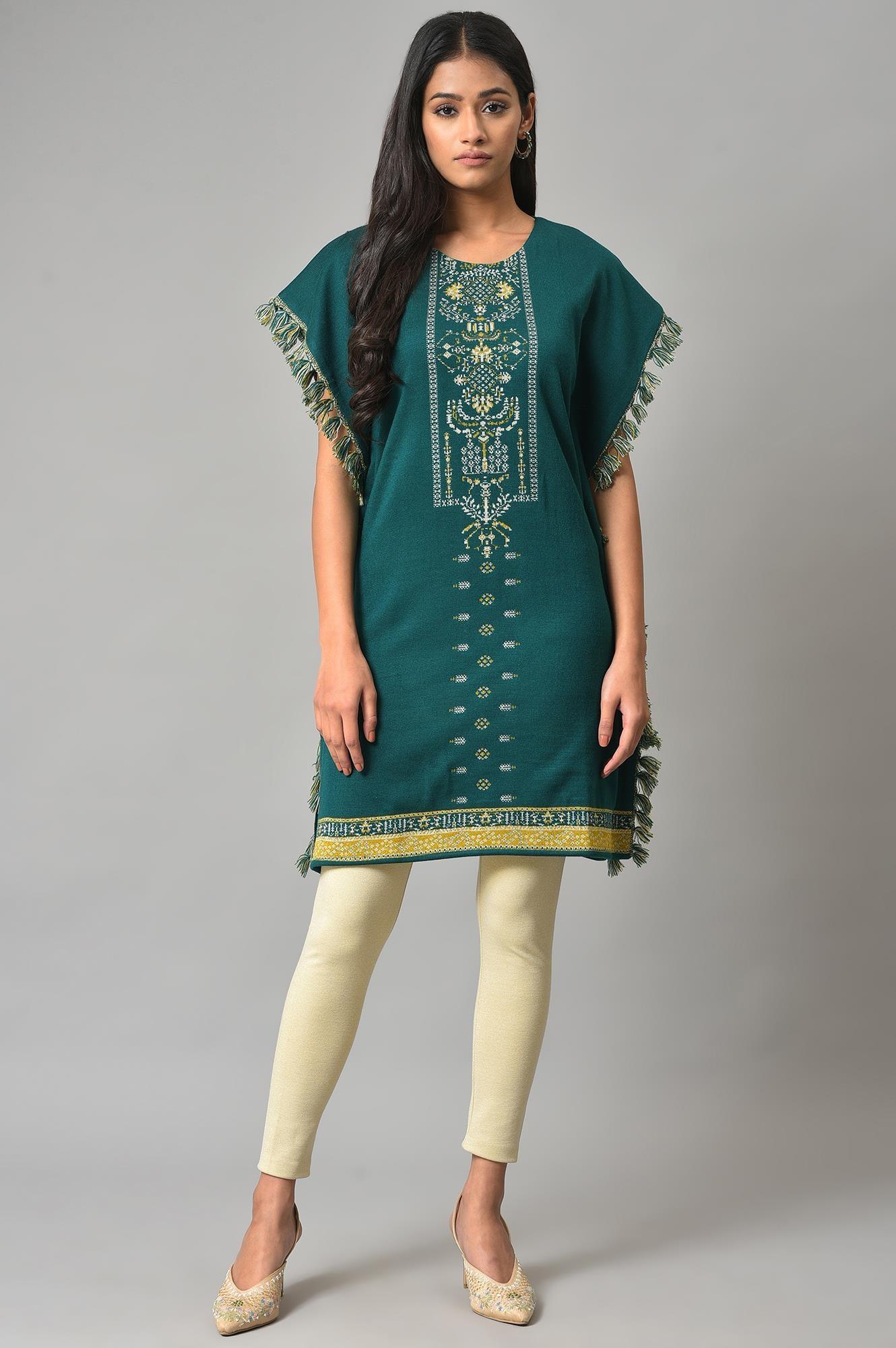 Green Jacquard Short Winter Kaftan kurta - wforwoman