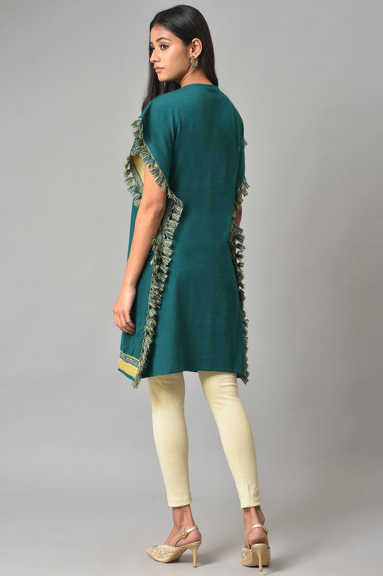 Green Jacquard Short Winter Kaftan kurta - wforwoman