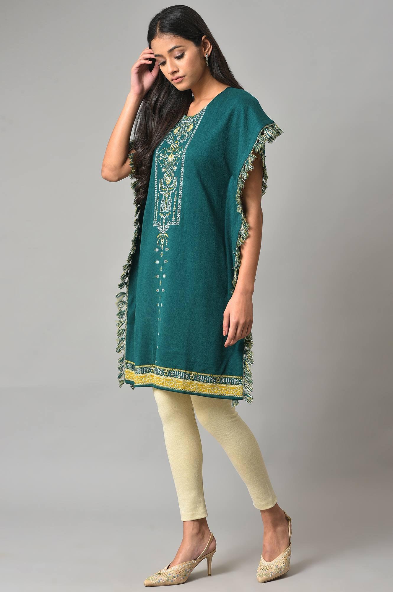 Green Jacquard Short Winter Kaftan kurta - wforwoman