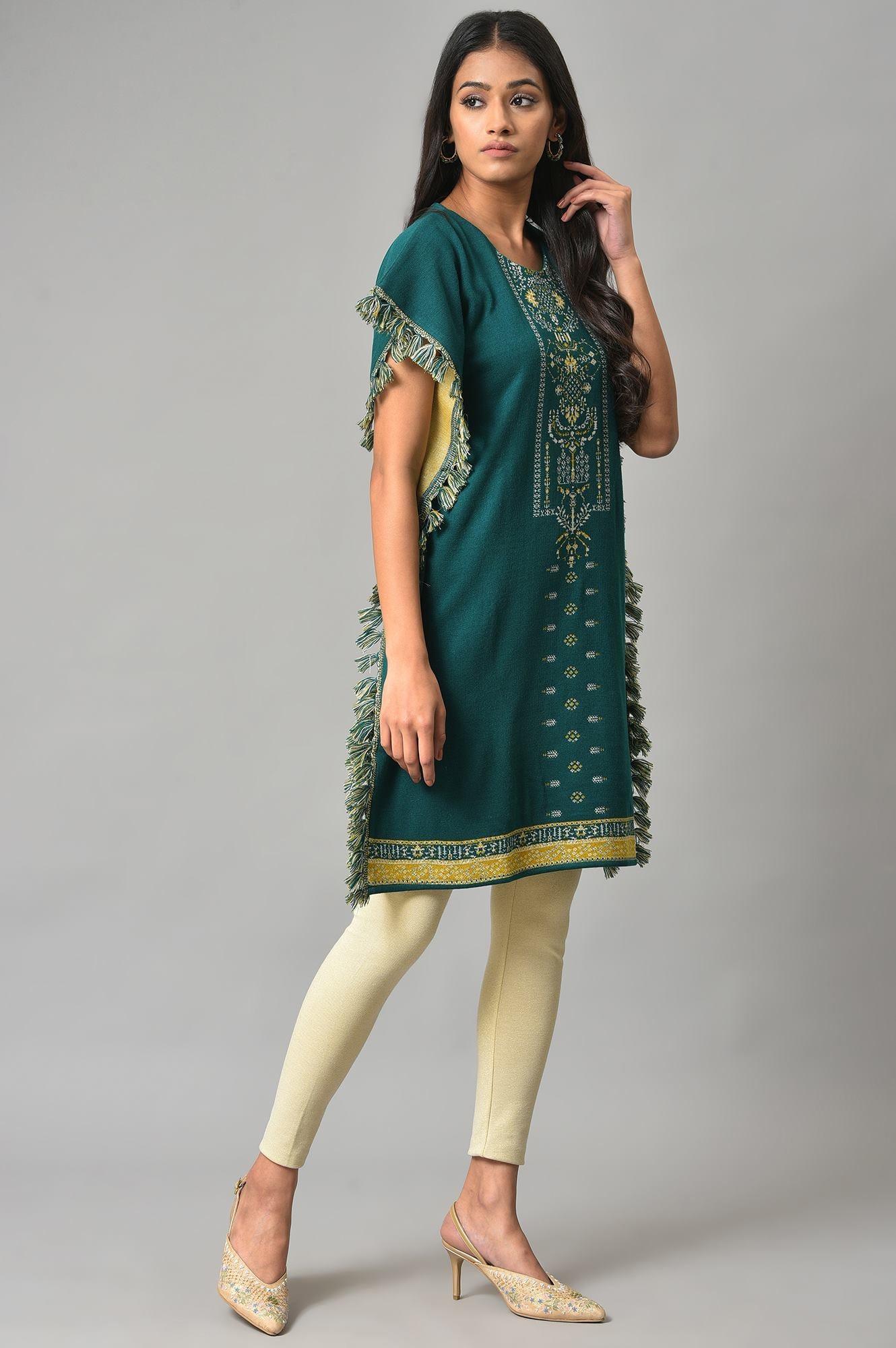 Green Jacquard Short Winter Kaftan kurta - wforwoman