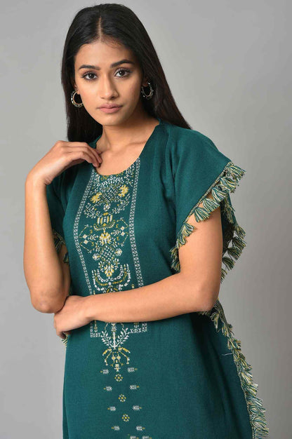 Green Jacquard Short Winter Kaftan kurta - wforwoman