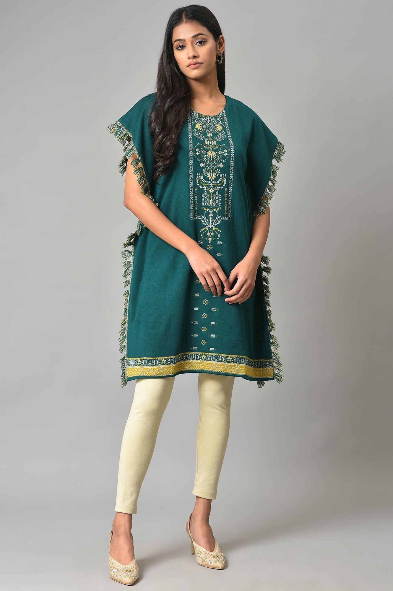 Green Jacquard Short Winter Kaftan kurta - wforwoman