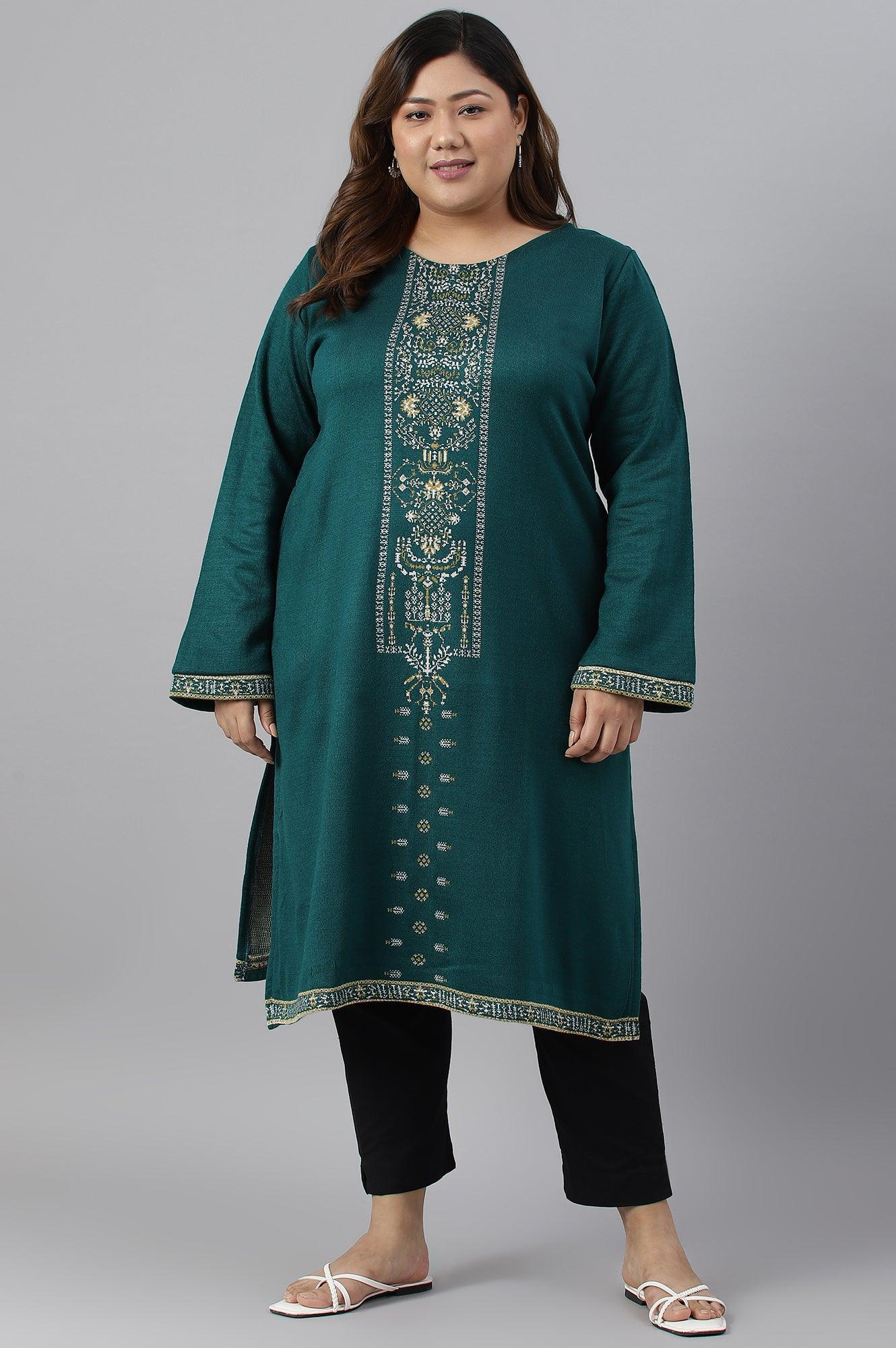 Green Straight Printed Plus Size Winter kurta - wforwoman