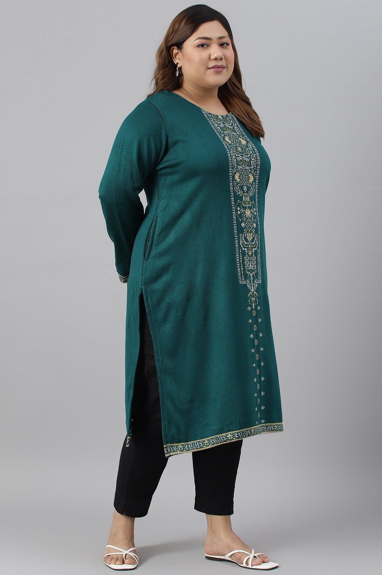 Green Straight Printed Plus Size Winter kurta - wforwoman