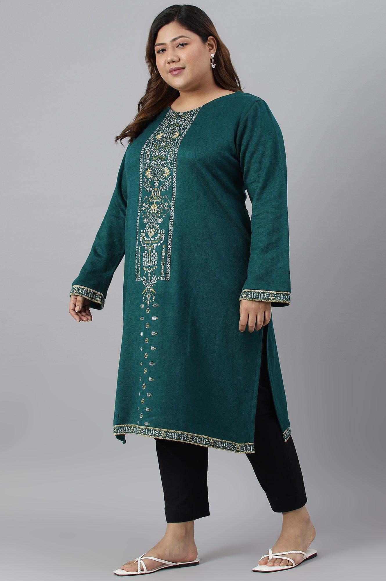 Green Straight Printed Plus Size Winter kurta - wforwoman