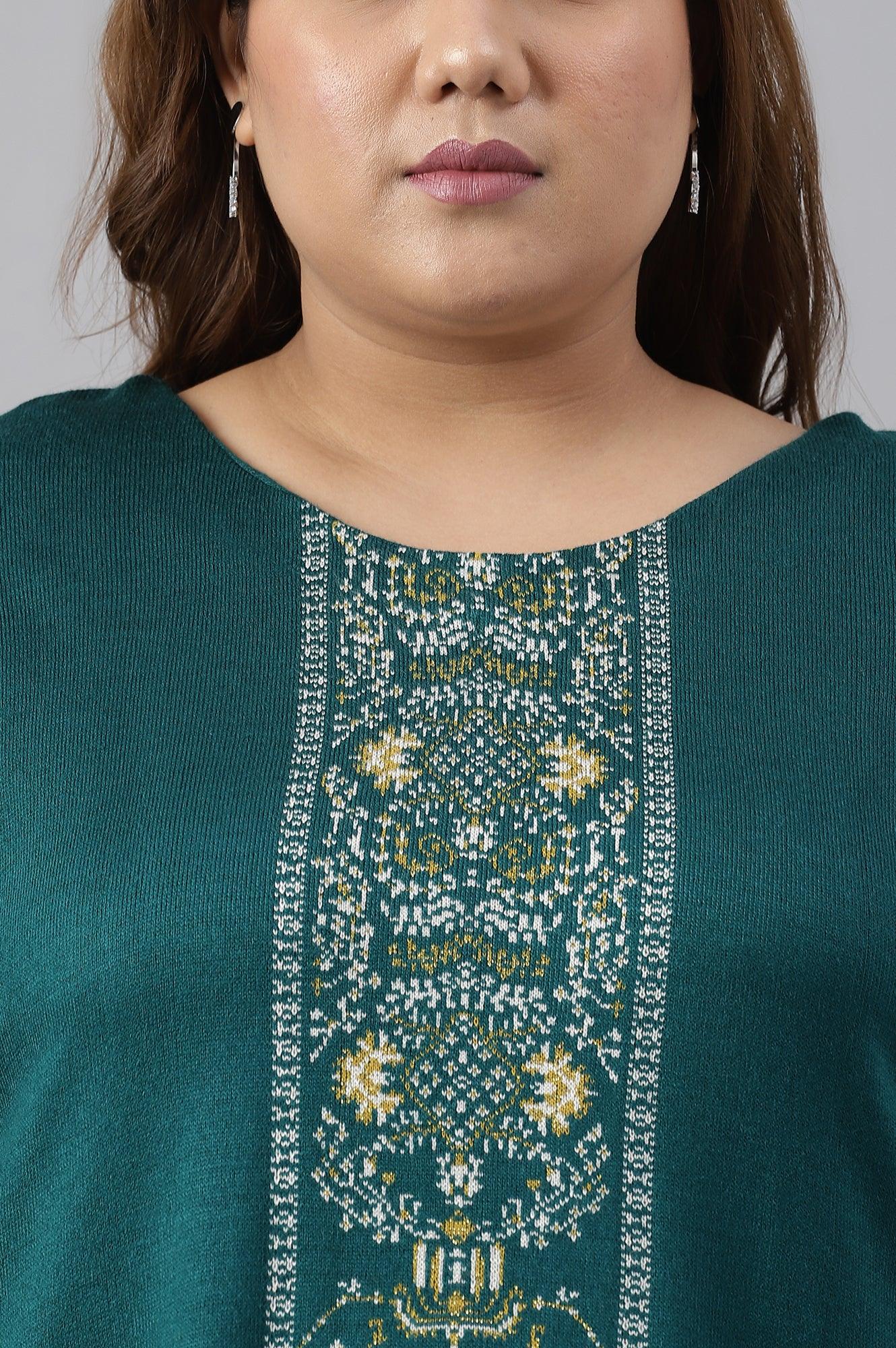 Green Straight Printed Plus Size Winter kurta - wforwoman