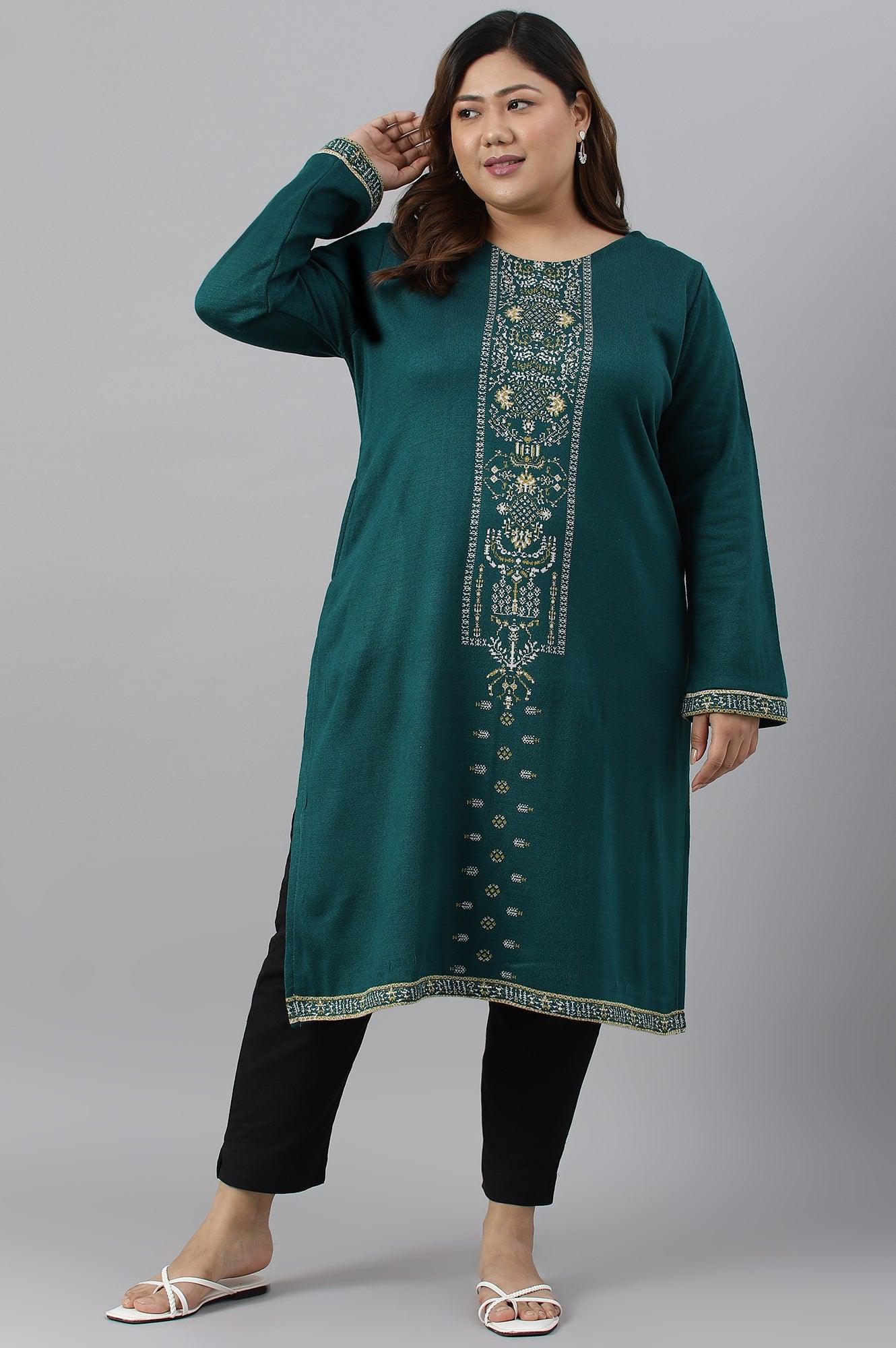 Green Straight Printed Plus Size Winter kurta - wforwoman