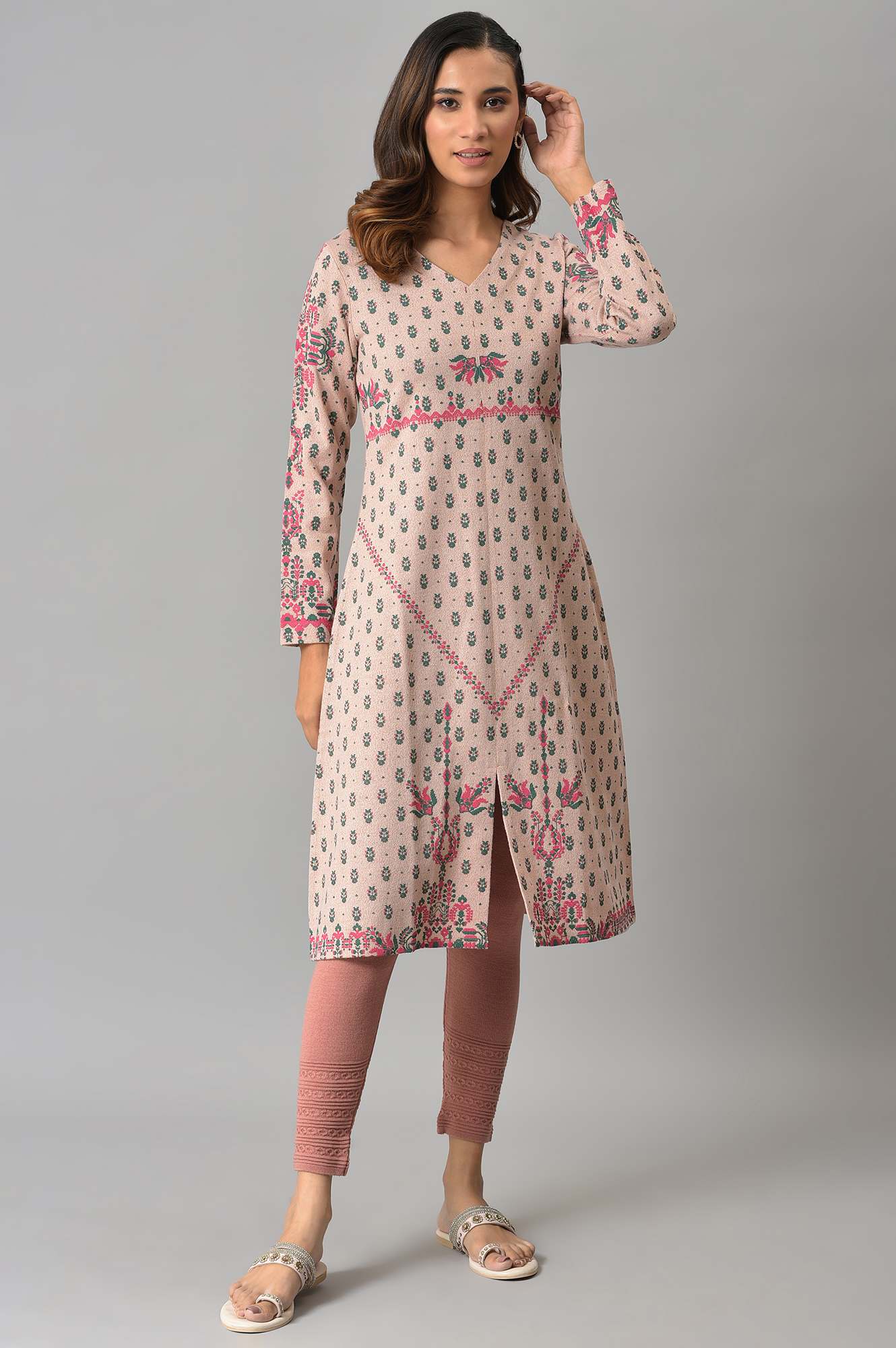 Pink A-Line Floral Printed Winter kurta In V-Neck