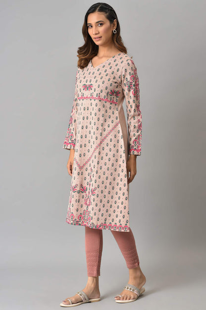 Pink A-Line Floral Printed Winter kurta In V-Neck