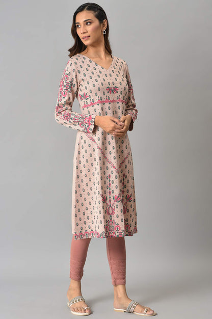 Pink A-Line Floral Printed Winter kurta In V-Neck