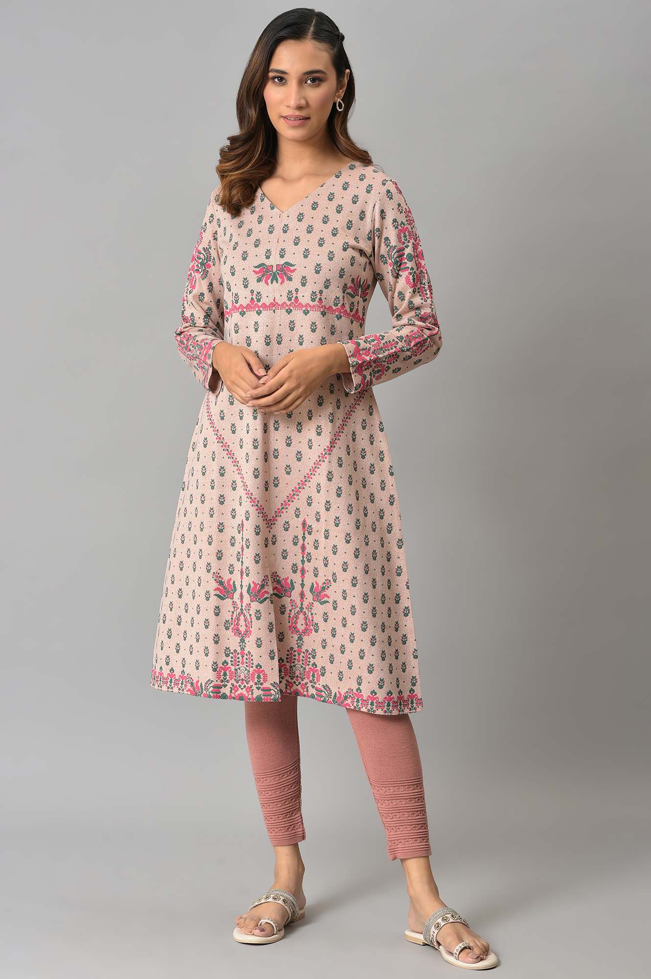 Pink A-Line Floral Printed Winter kurta In V-Neck