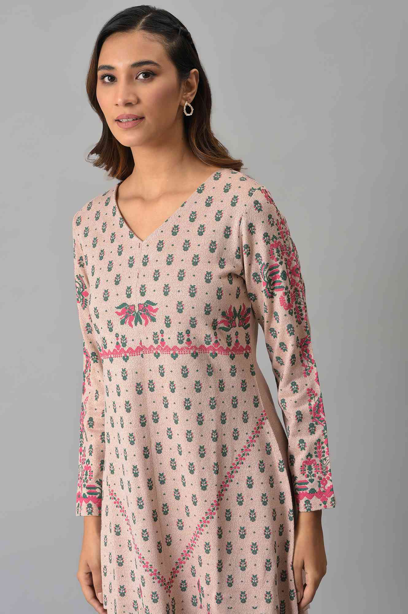 Pink A-Line Floral Printed Winter kurta In V-Neck