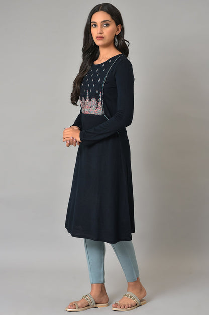 Blue A-Line Floral Printed Winter kurta