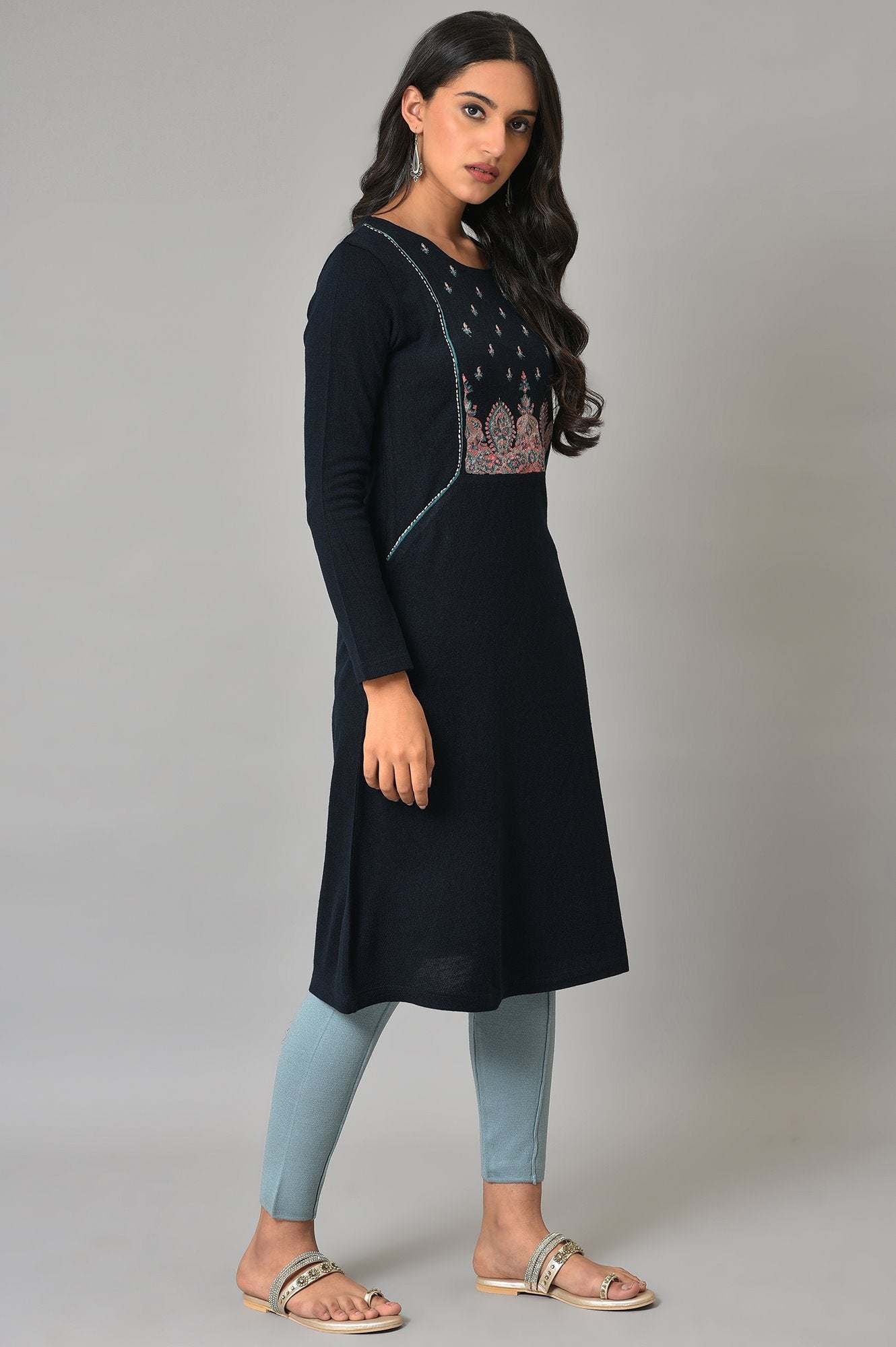 Blue A-Line Floral Printed Winter kurta