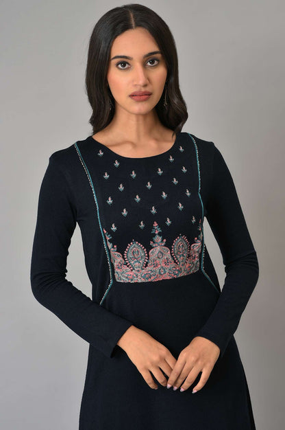 Blue A-Line Floral Printed Winter kurta