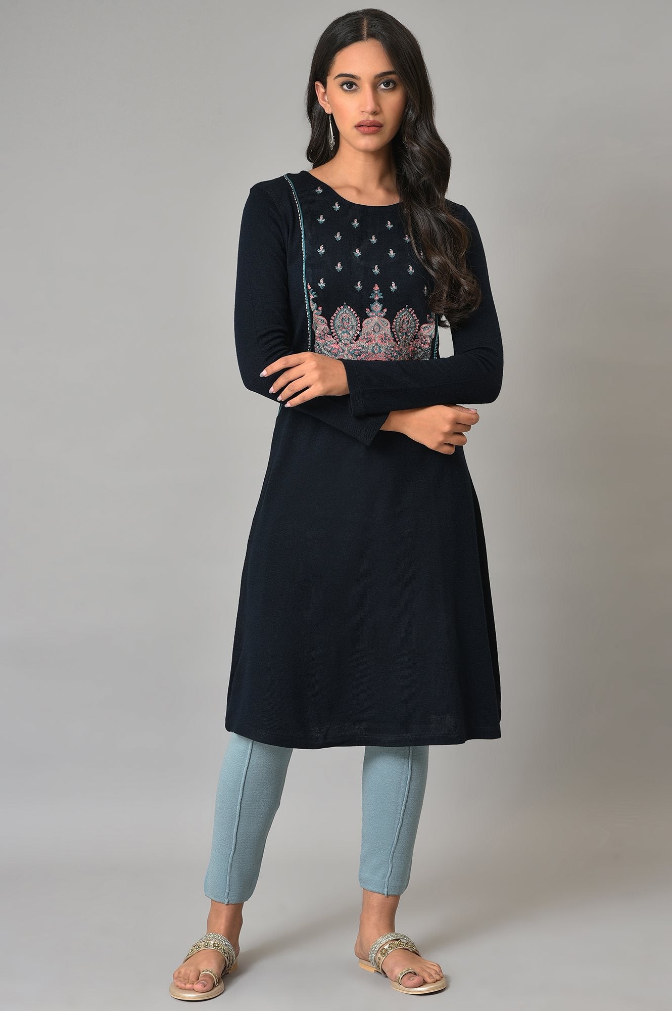 Blue A-Line Floral Printed Winter kurta