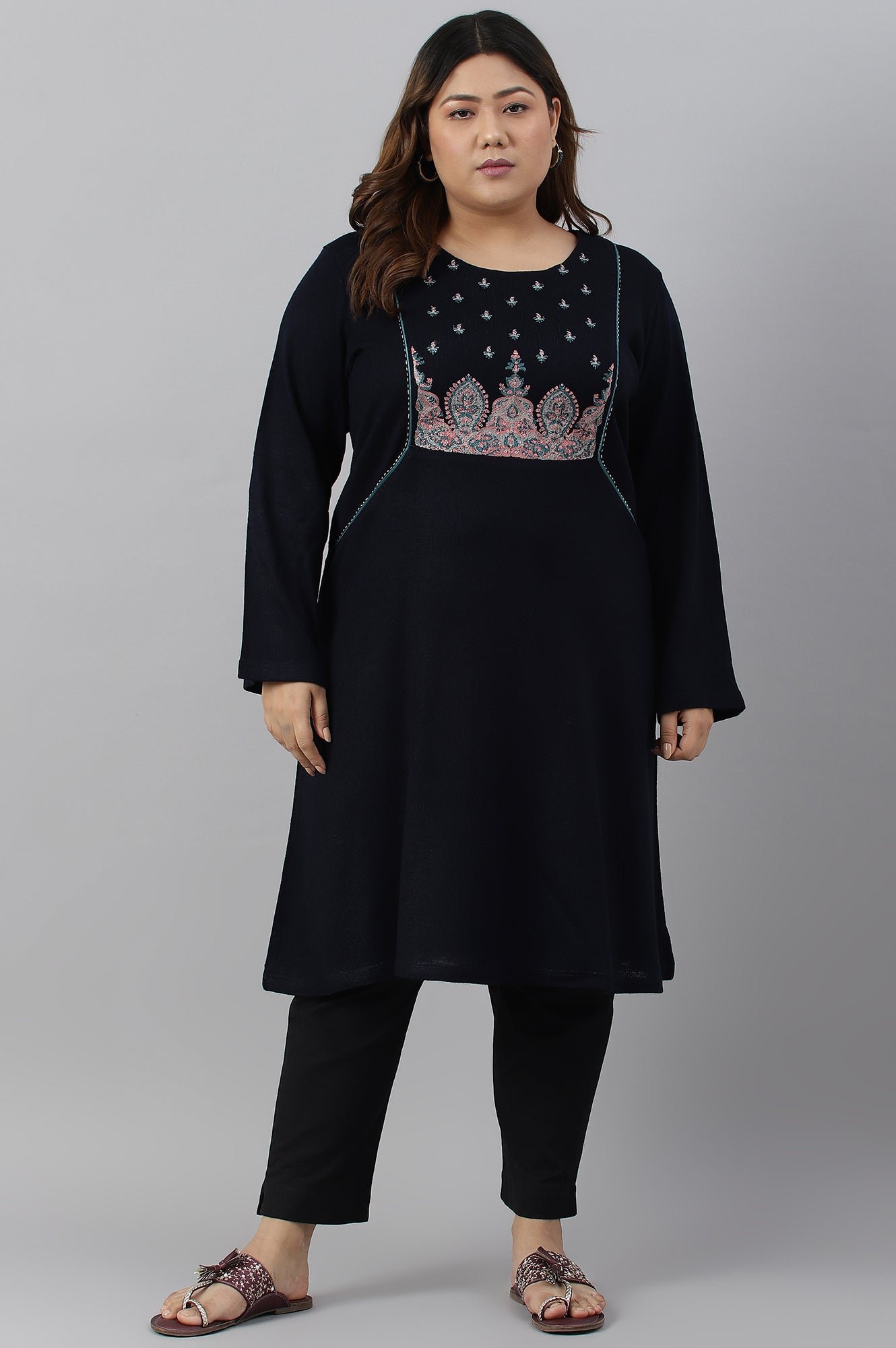 Blue A-Line Floral Printed Plus Size Winter kurta