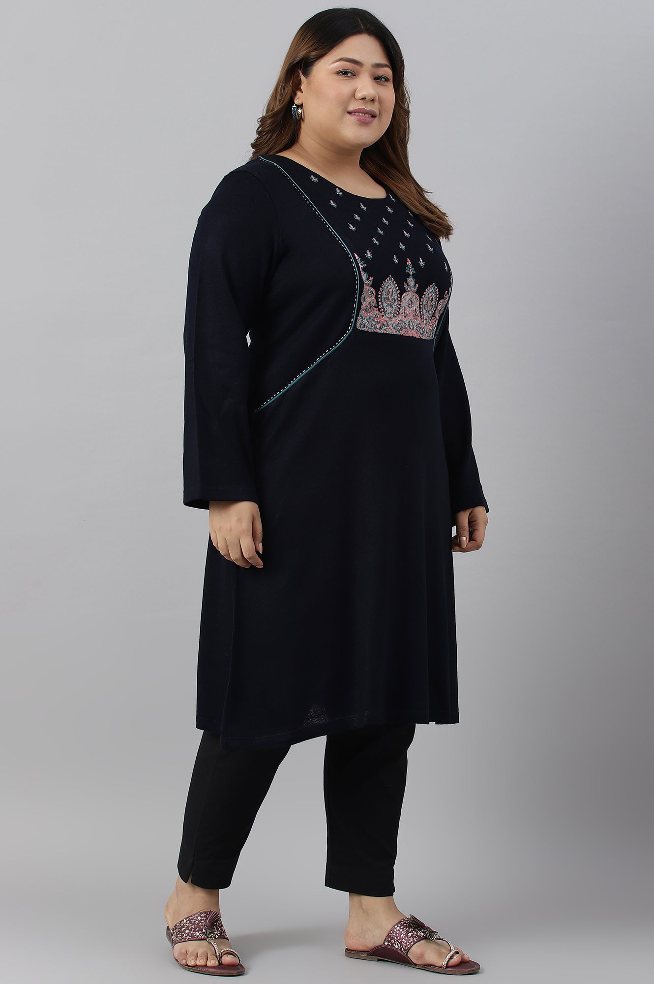 Blue A-Line Floral Printed Plus Size Winter kurta