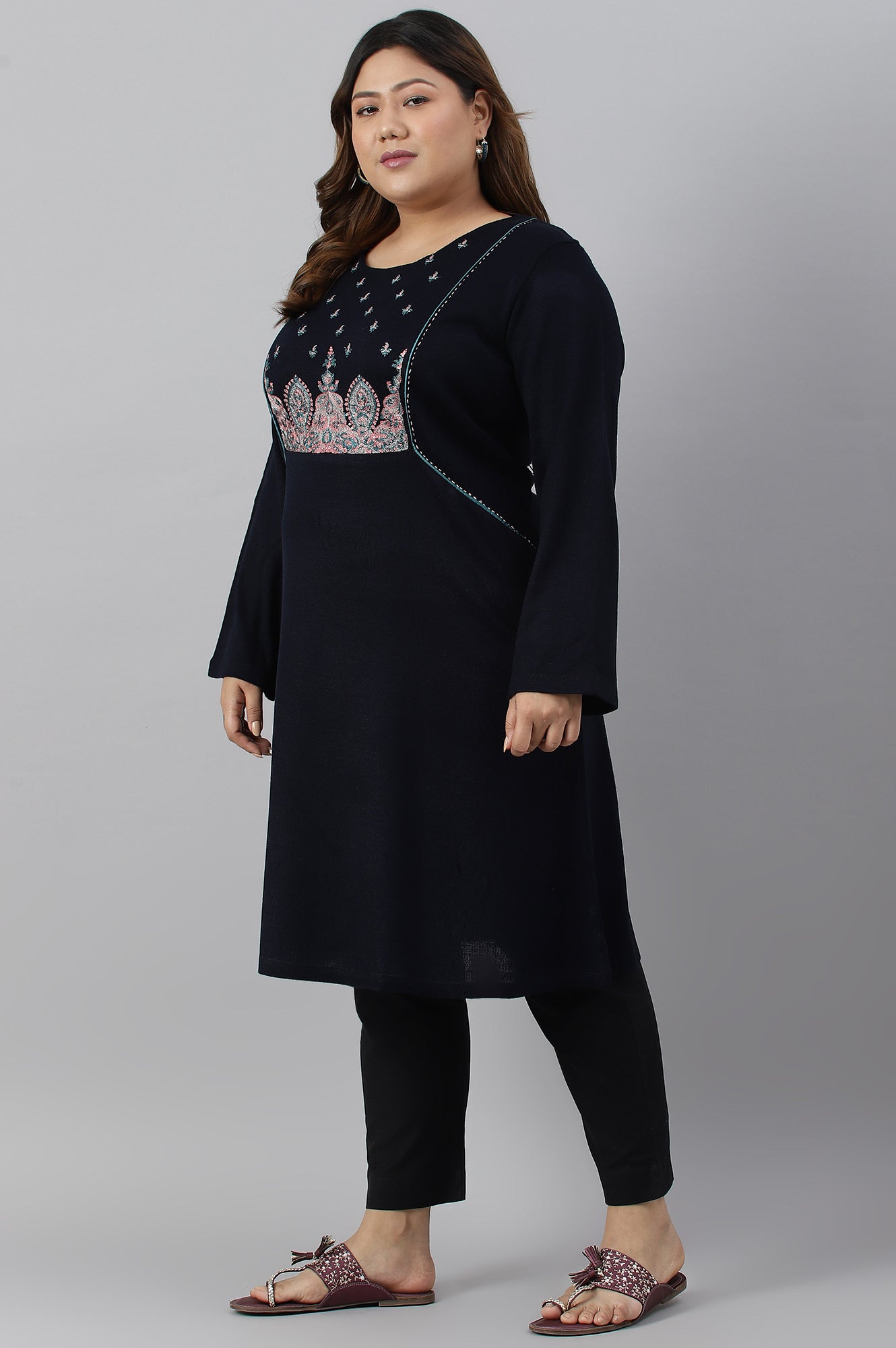 Blue A-Line Floral Printed Plus Size Winter kurta