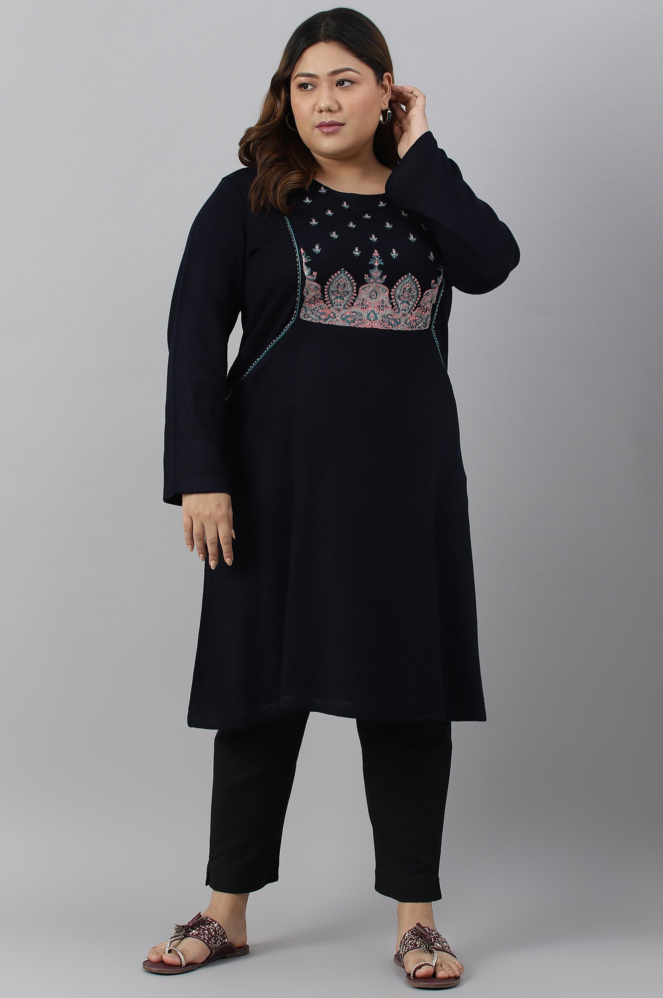 Blue A-Line Floral Printed Plus Size Winter kurta