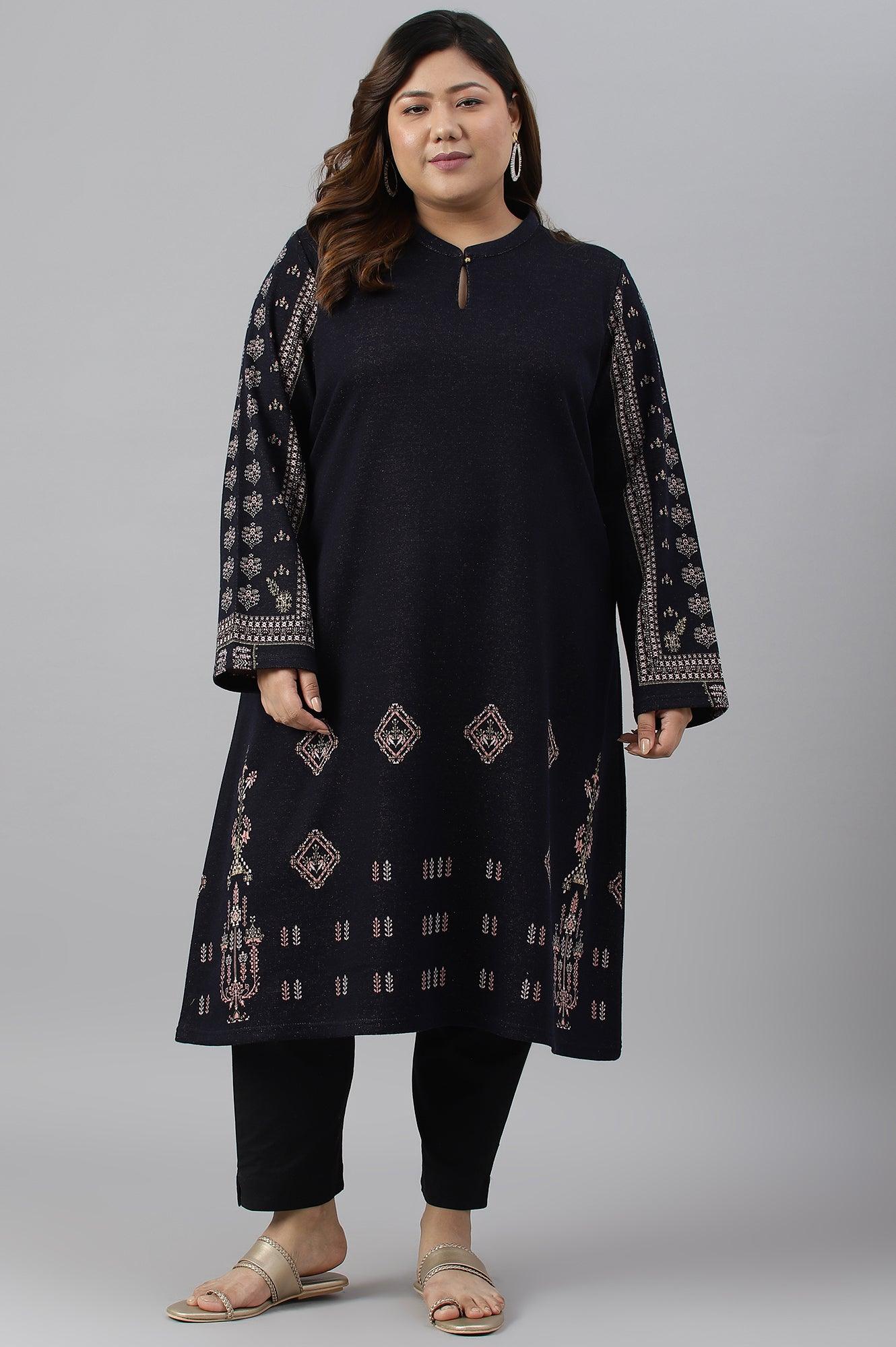 Blue A-Line Jacquard Plus Size Winter kurta - wforwoman