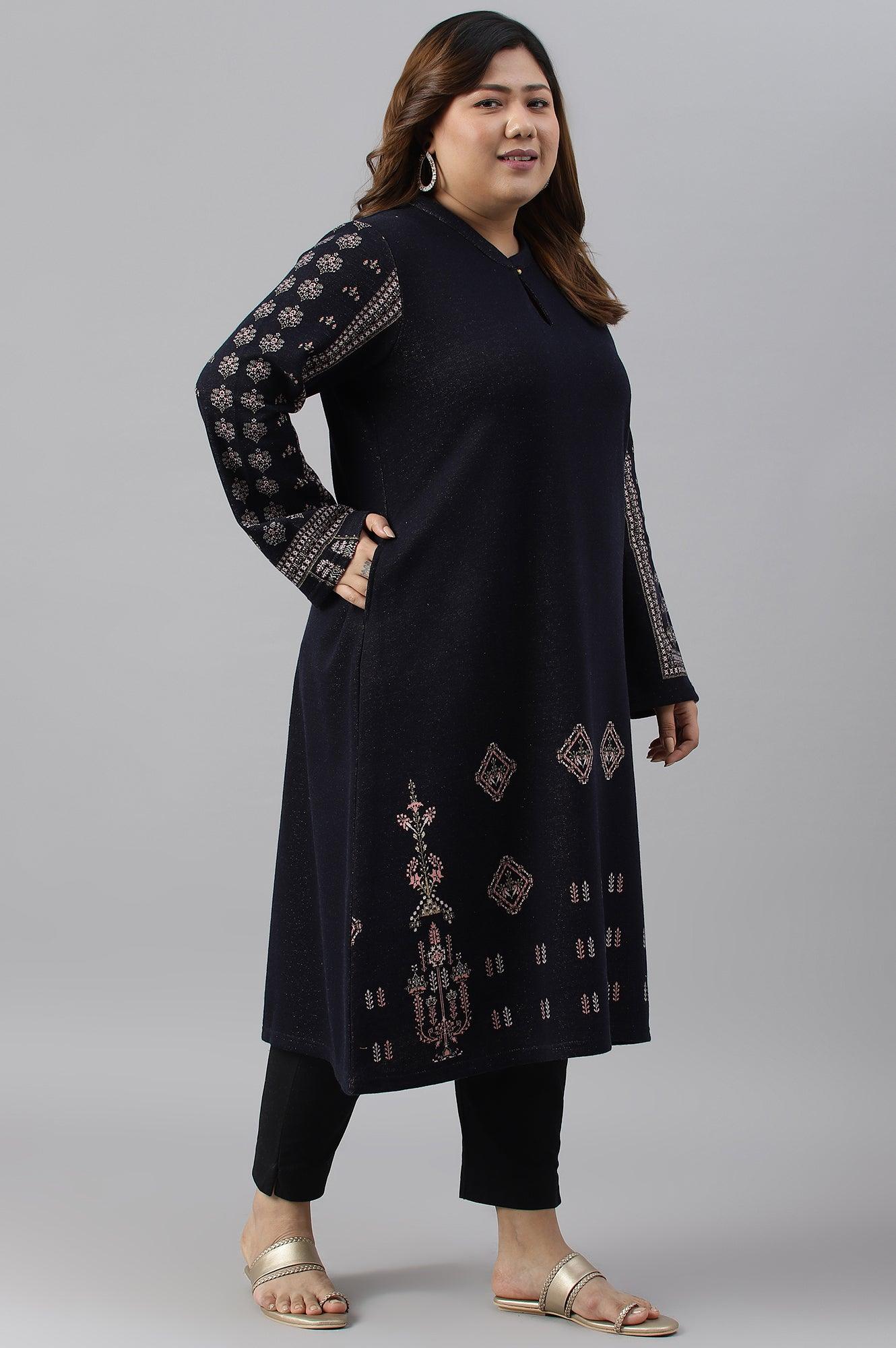 Blue A-Line Jacquard Plus Size Winter kurta - wforwoman