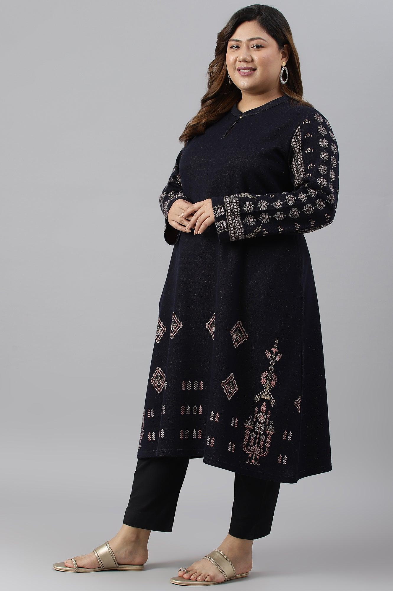 Blue A-Line Jacquard Plus Size Winter kurta - wforwoman