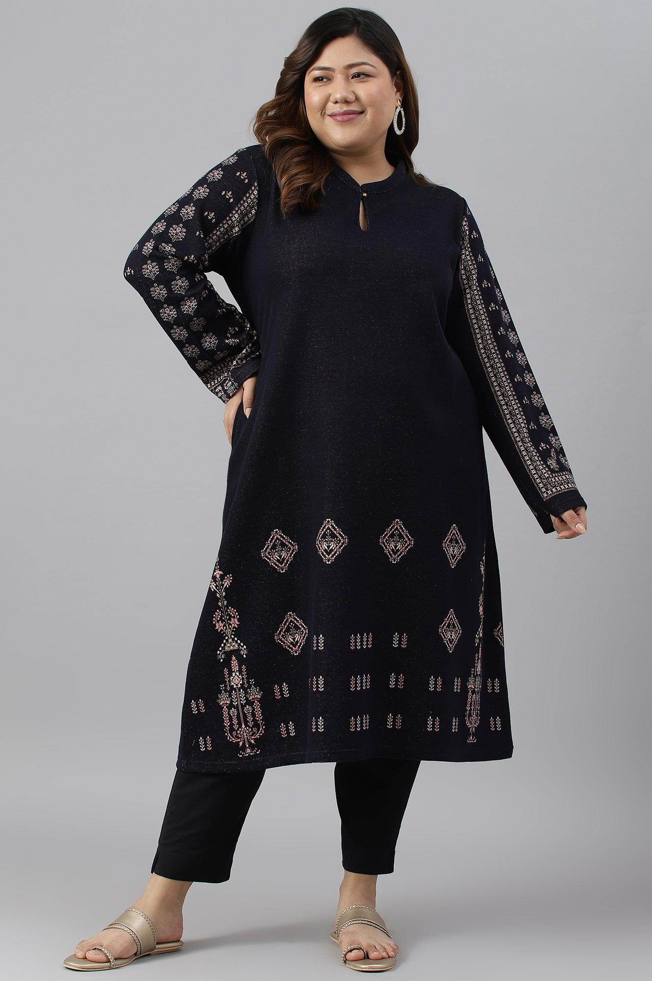 Blue A-Line Jacquard Plus Size Winter kurta - wforwoman