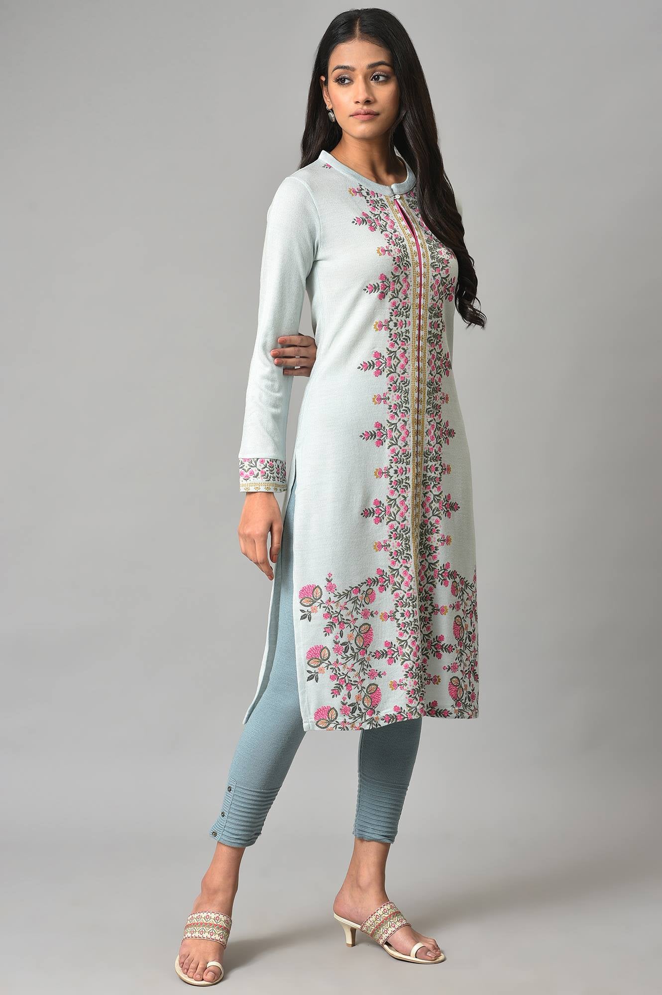 Blue Acrylic Printed Winter kurta