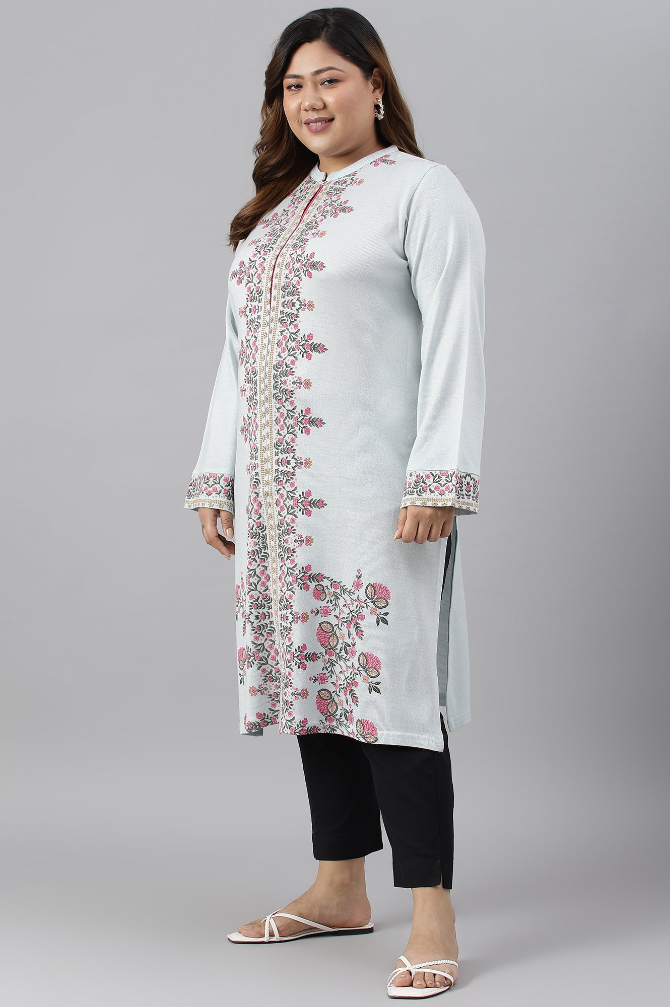 Blue Acrylic Printed Plus Size Winter kurta