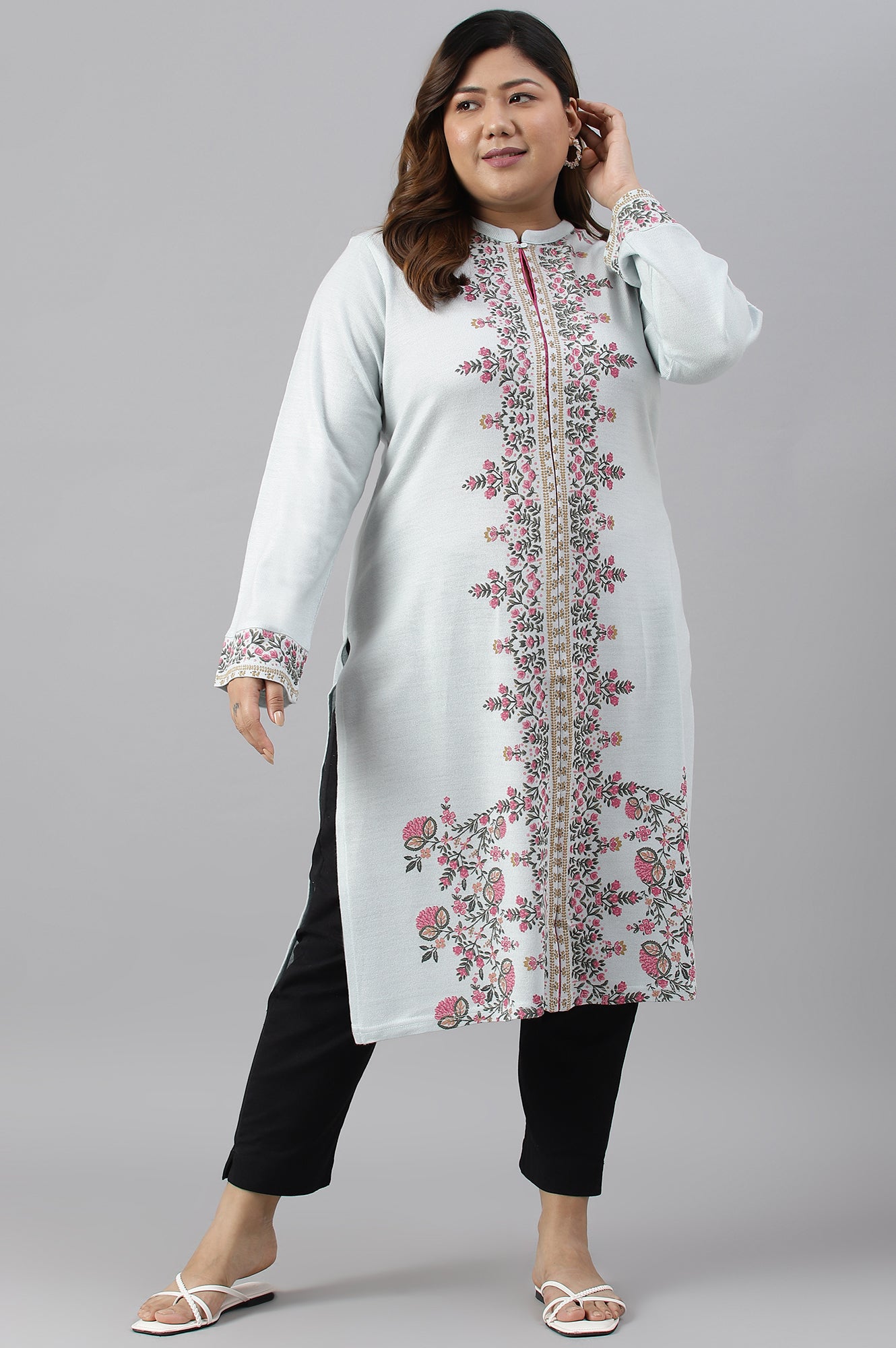 Blue Acrylic Printed Plus Size Winter kurta