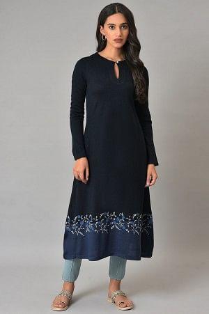 Dark Blue A-Line Colour Blocking Plus Size Winter kurta - wforwoman