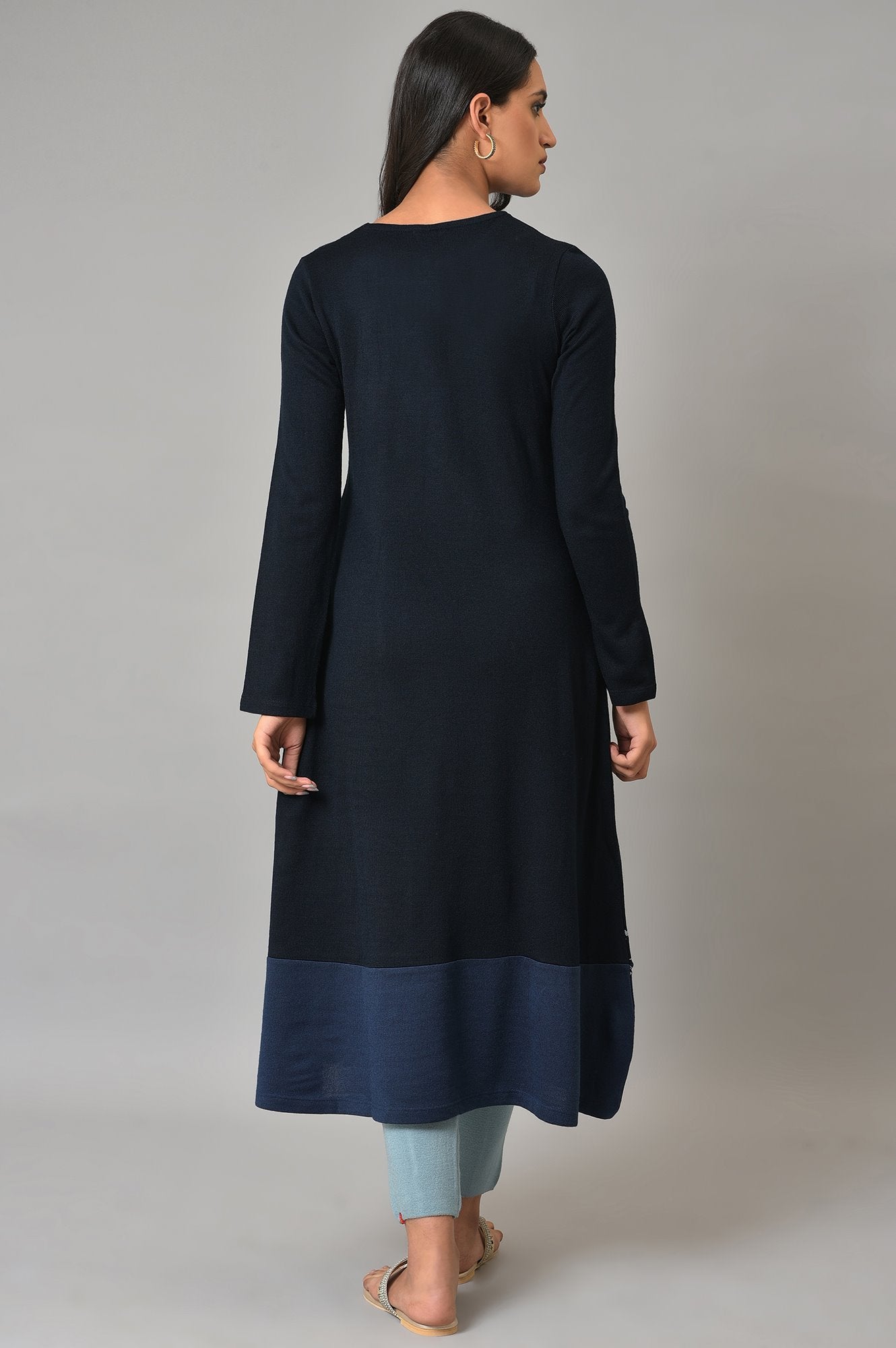 Dark Blue A-Line Colour Blocking Winter kurta