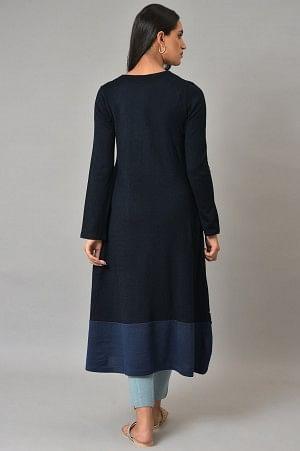 Dark Blue A-Line Colour Blocking Plus Size Winter kurta - wforwoman