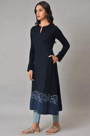 Dark Blue A-Line Colour Blocking Plus Size Winter kurta - wforwoman