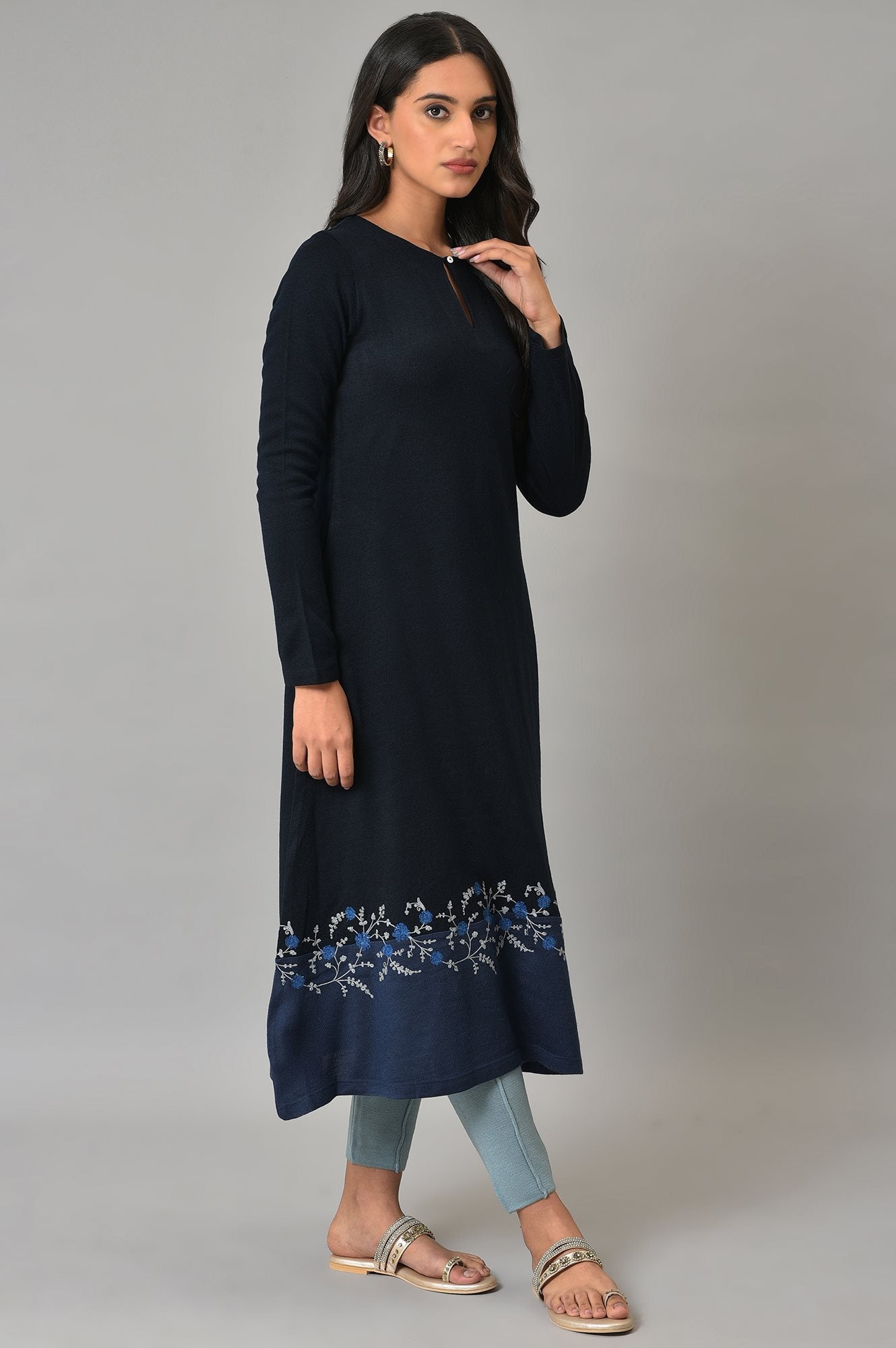 Dark Blue A-Line Colour Blocking Winter kurta