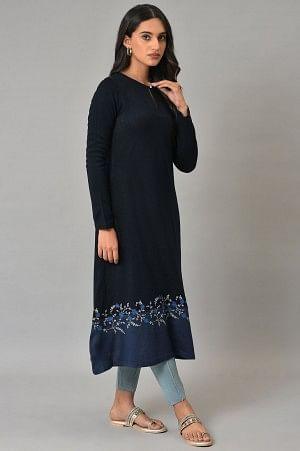 Dark Blue A-Line Colour Blocking Plus Size Winter kurta - wforwoman