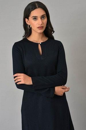 Dark Blue A-Line Colour Blocking Plus Size Winter kurta - wforwoman